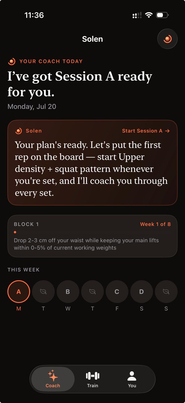 Solen Coach screen showing Session A, the training block, weekly schedule, and Coach, Train, and You tabs